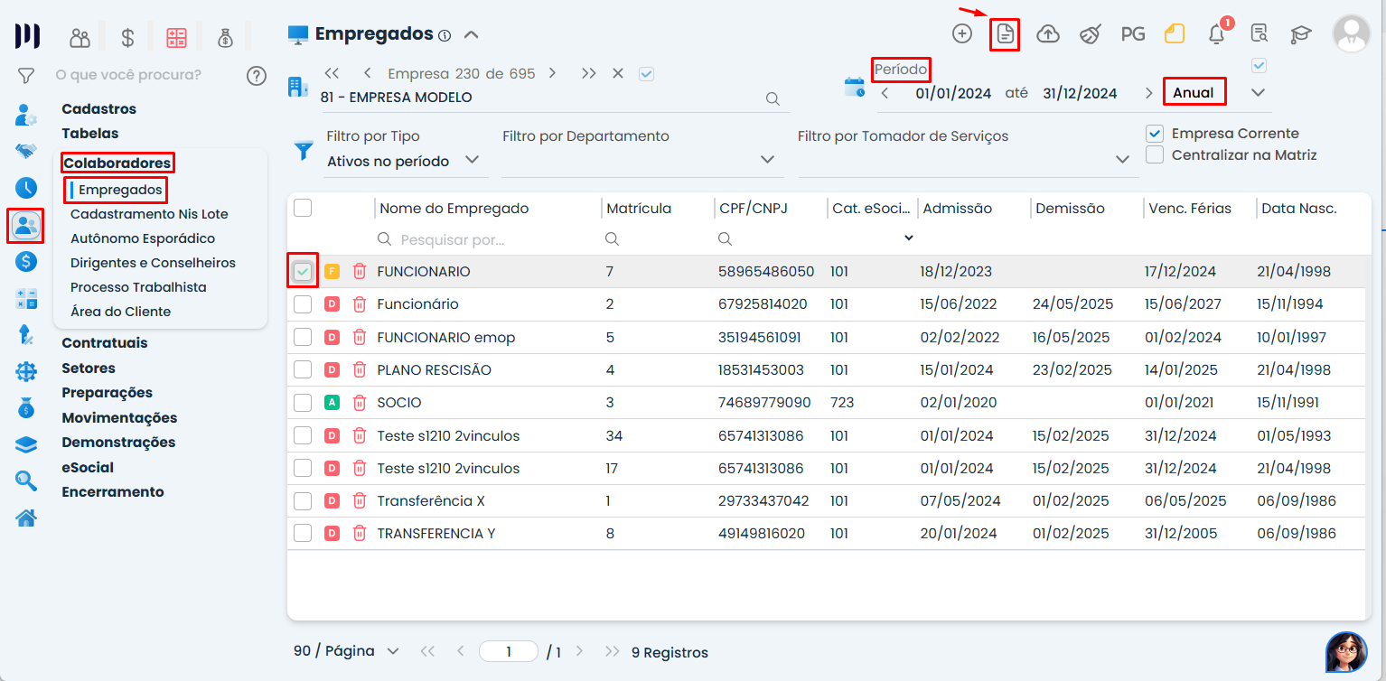 Tela do Sistema Contábil Makro exibindo empregados, filtros e seleção do período para emissão do Comprovante de Rendimentos, destacando o modo anual do relatório.