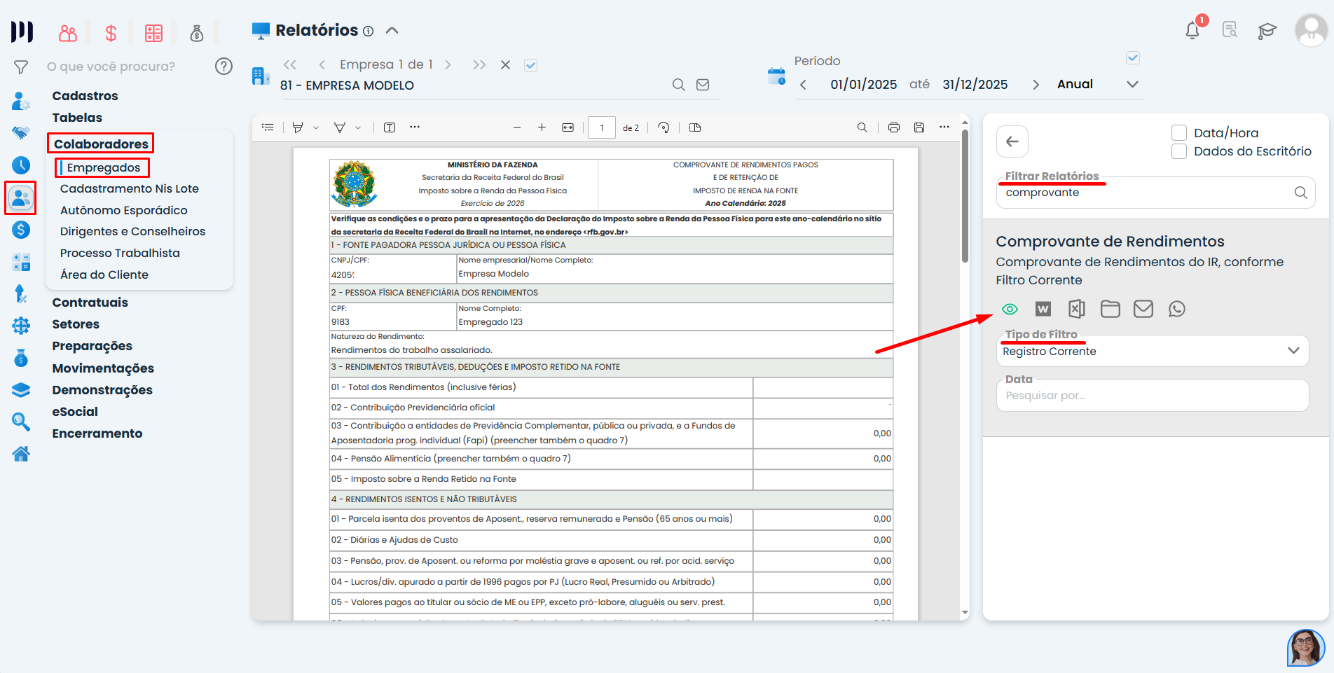 Relatório do Comprovante de Rendimentos aberto no Sistema Contábil Makro, mostrando filtros aplicados e visualização do documento para conferência antes da emissão.