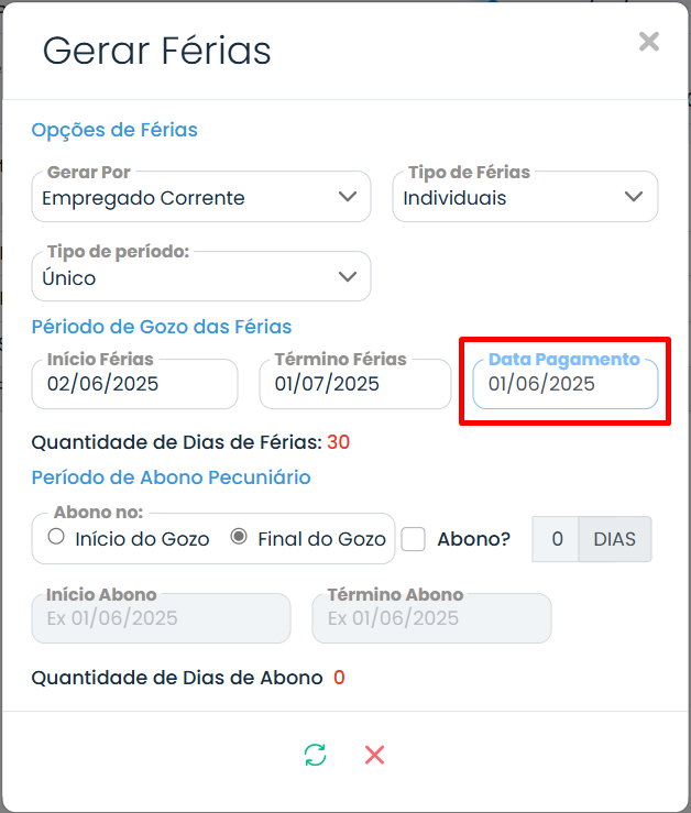 A imagem mostra dentro do campo de empregado como alterar a data de pagamento para as Férias.