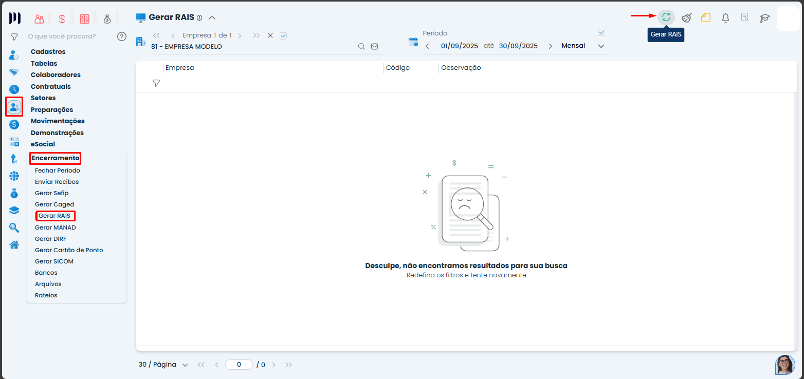 Interface do Sistema Contábil Makro exibindo o menu Encerramento e a opção de gerar Arquivo RAIS, com filtros de período destacados para facilitar a operação.