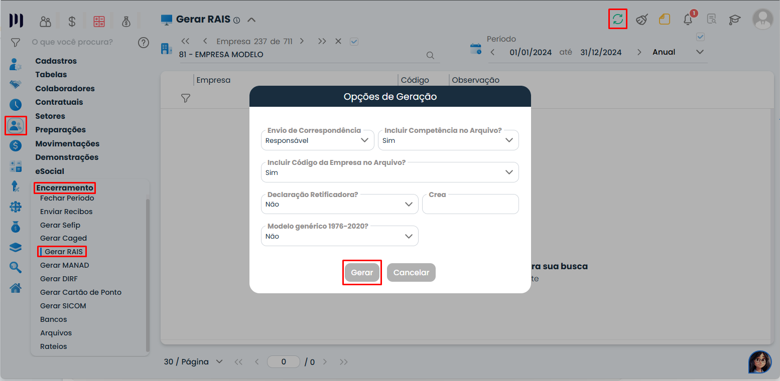 Tela do Sistema Contábil Makro exibindo a janela de opções para gerar Arquivo RAIS, com campos de configuração e botão final de geração em destaque.