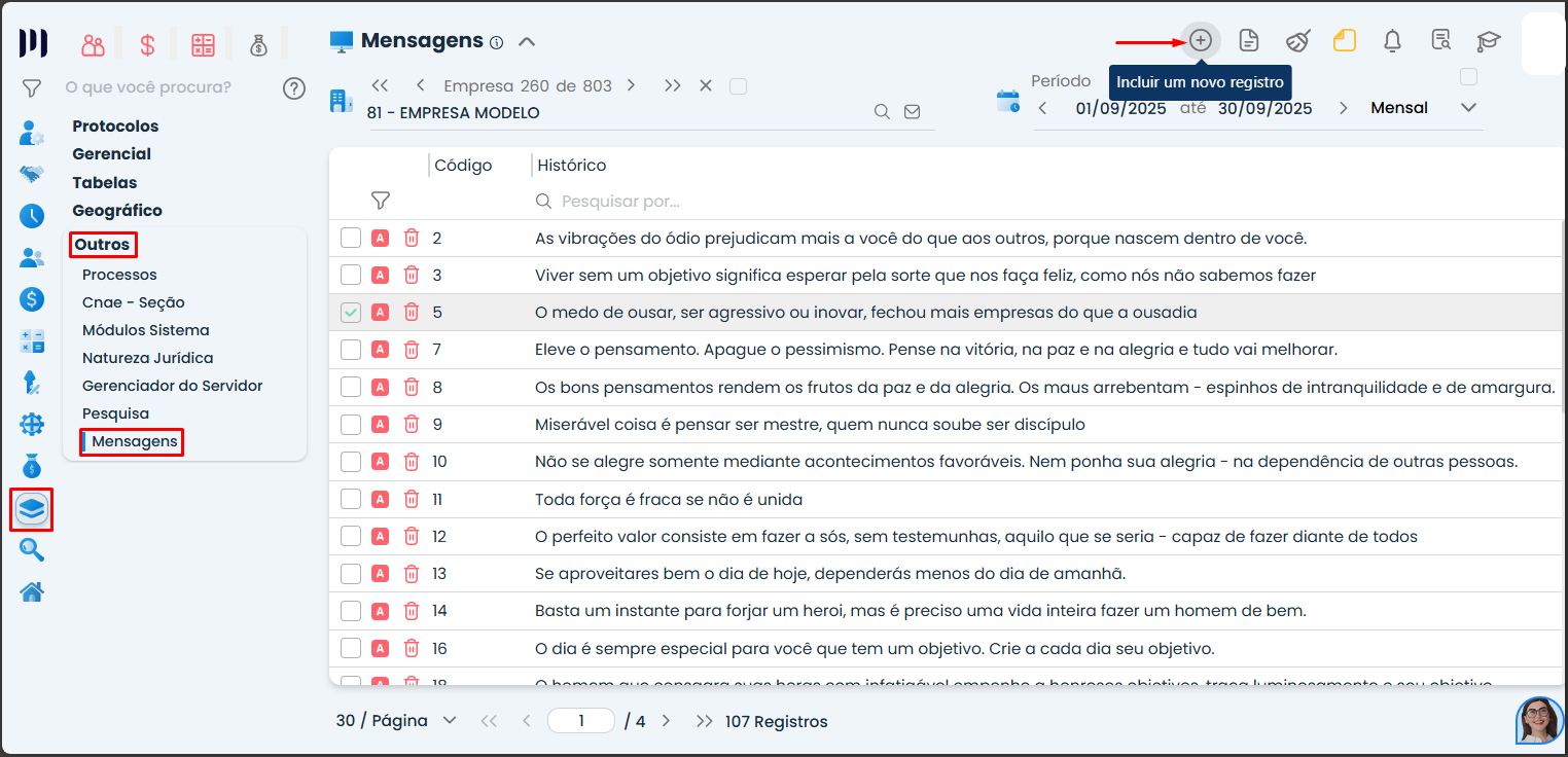 Imagem do Sistema Contábil Makro exibindo lista de mensagens e opção de incluir novo registro, destacando navegação para configurar mensagem no recibo de pagamento.