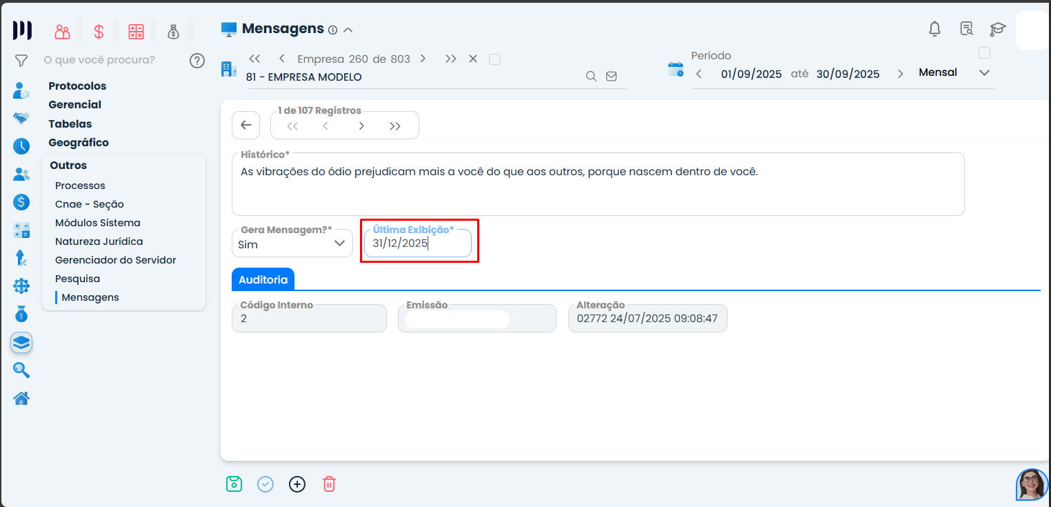 Configuração no Sistema Contábil Makro exibindo campo “Última exibição”, permitindo definir até quando a mensagem aparece no recibo de pagamento.