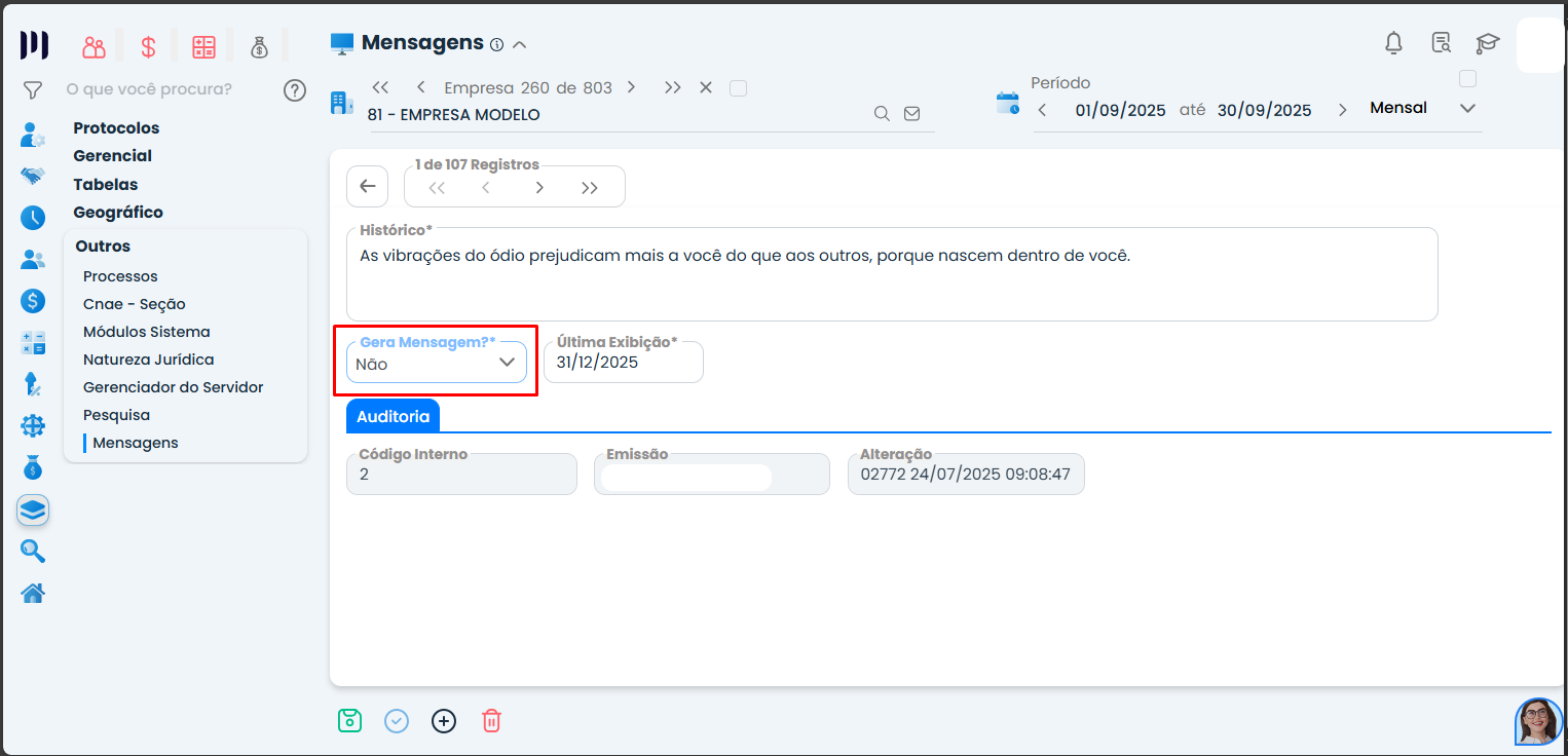 Tela do Sistema Contábil Makro mostrando desativação da opção “Gera mensagem”, removendo exibição automática da mensagem no recibo de pagamento.