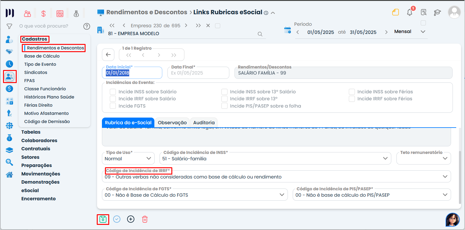 Essa imagem informa que você deve alterar o campo “Código de incidência do IRRF” para o código 09.