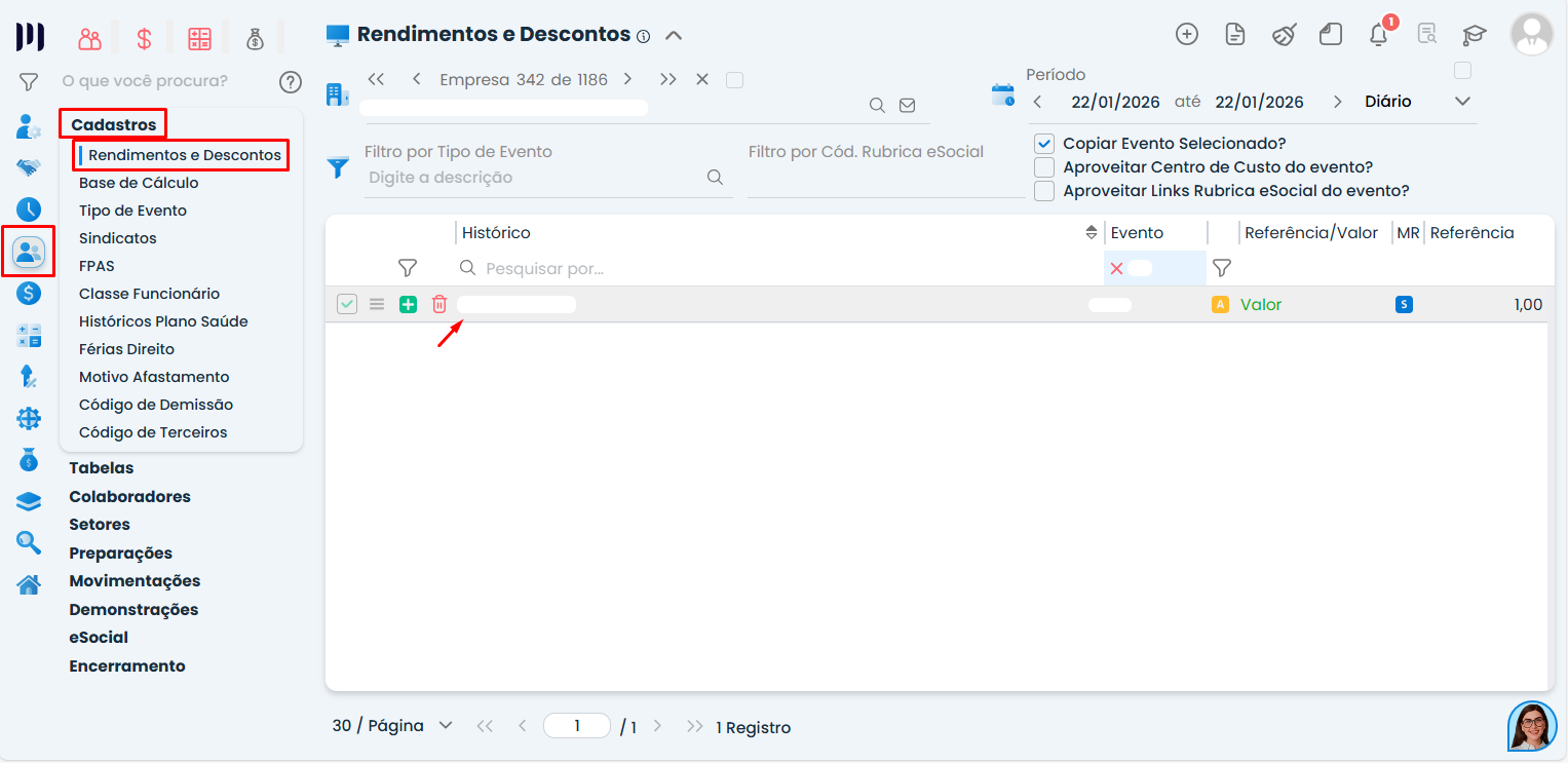 Tela do Sistema Contábil Makro em Rendimentos e Descontos com menu de cadastros destacado para configurar eventos da Nova DIRF corretamente