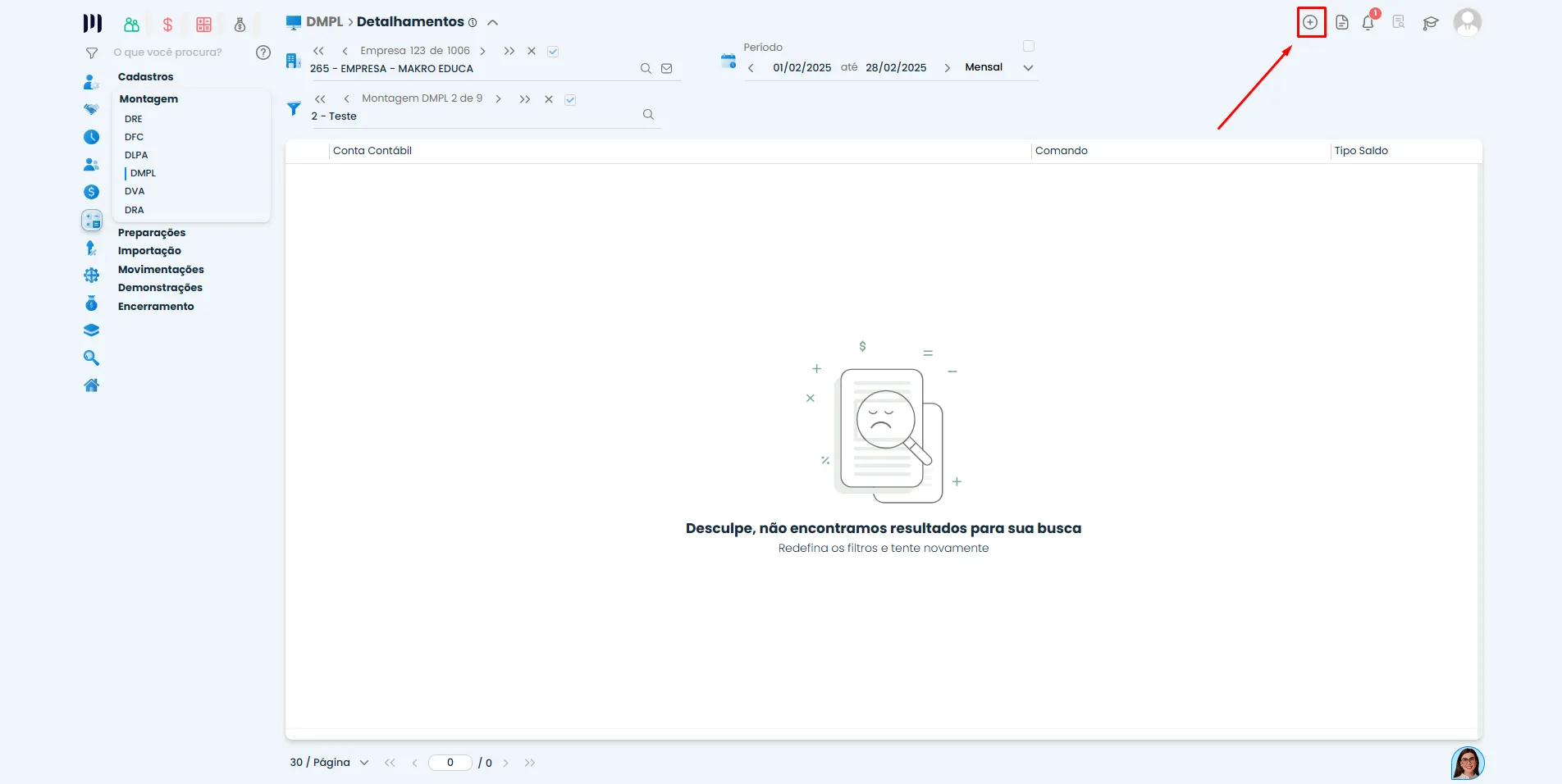 Tela de detalhamento da Montagem DMPL no Sistema Contábil Makro exibindo mensagem de nenhum resultado e botão incluir destacado para novo cadastro