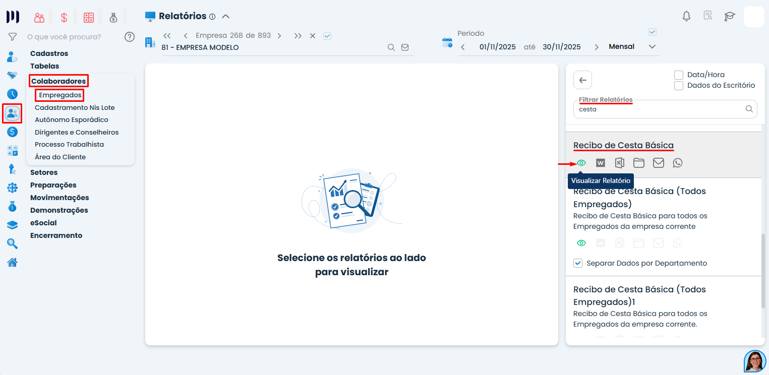 Tela do Sistema Contábil Makro exibindo relatórios disponíveis incluindo recibo de cesta básica para visualização e emissão do documento