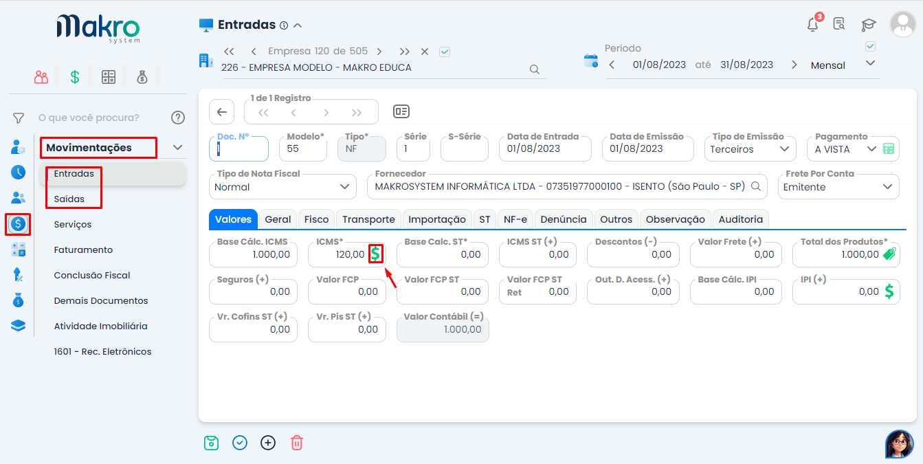 Tela do Sistema Contábil Makro mostrando o acesso às Movimentações de Entradas e Saídas para corrigir o ERRO DAPI - (Linha 34).