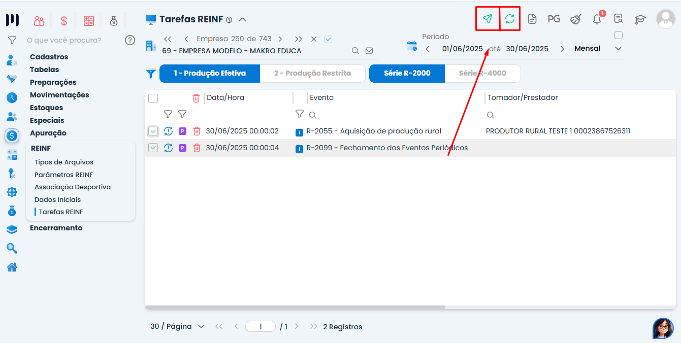 Tela do Sistema Contábil Makro com a geração e consulta do Evento R-2055 na EFD-Reinf para envio das informações de produtor rural.
