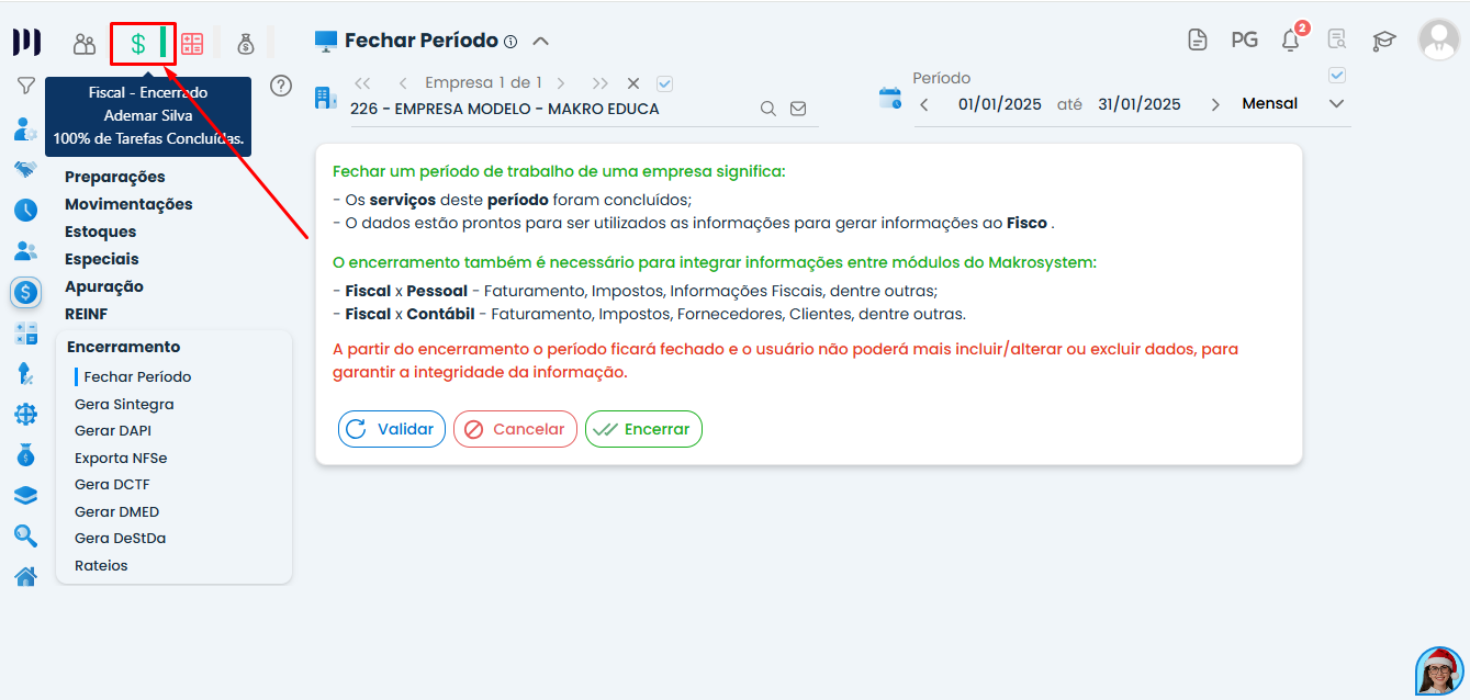 Tela do Sistema Contábil Makro mostrando o status do Encerramento do Departamento Fiscal, identificado pelo símbolo verde indicando conclusão das tarefas do período.