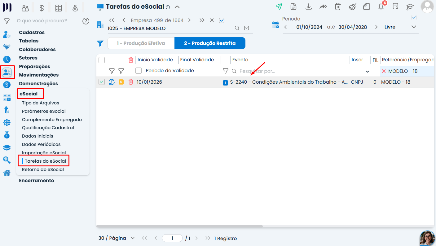 Tela Tarefas do eSocial no Sistema Contábil Makro, com evento S-2240 listado para processamento após o cadastro das Condições ambientais S-2240.