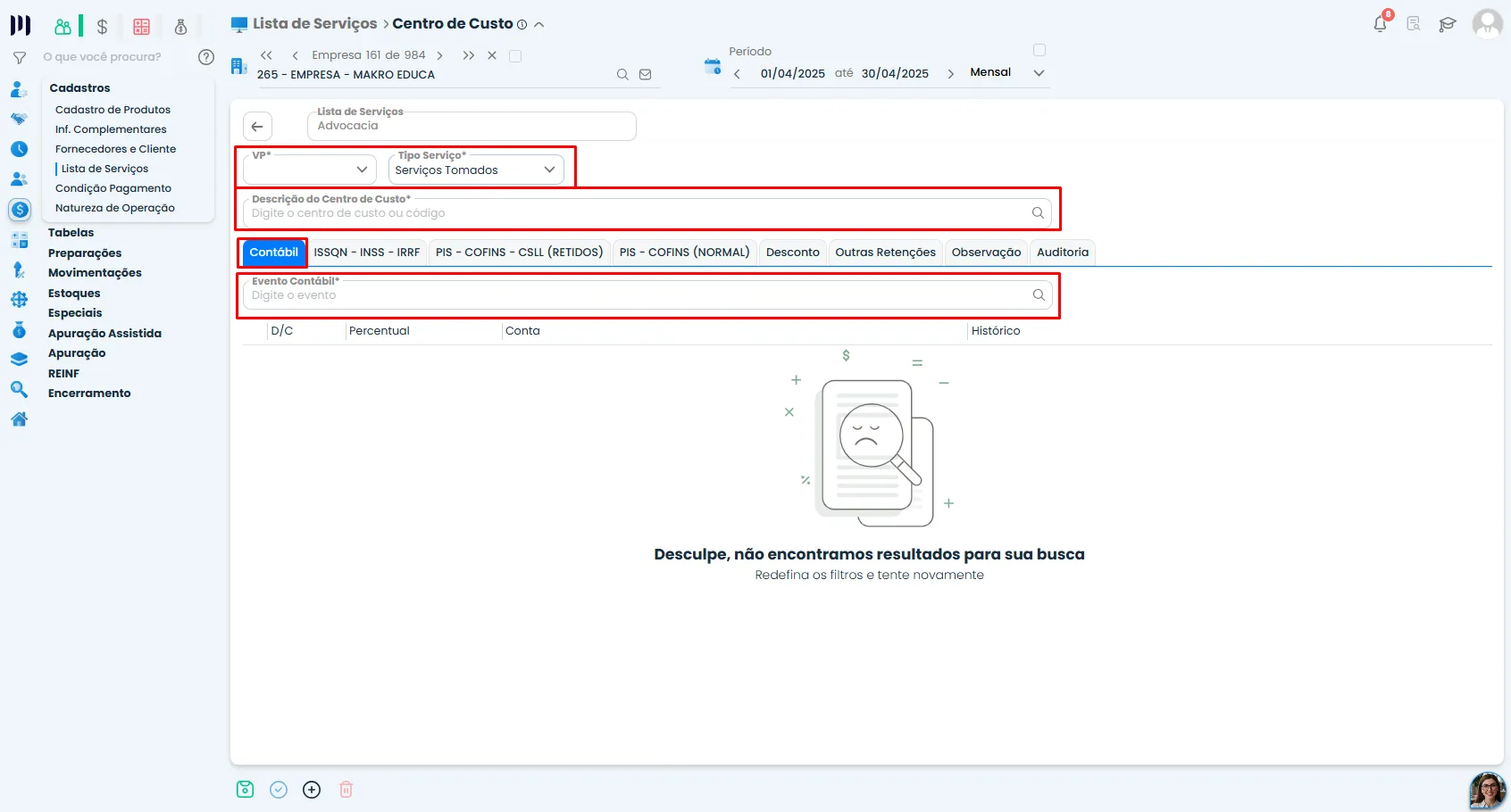 Tela do Sistema Contábil Makro para cadastro de Centro de Custo para Lista de Serviços, com VP, descrição e eventos contábeis em destaque.