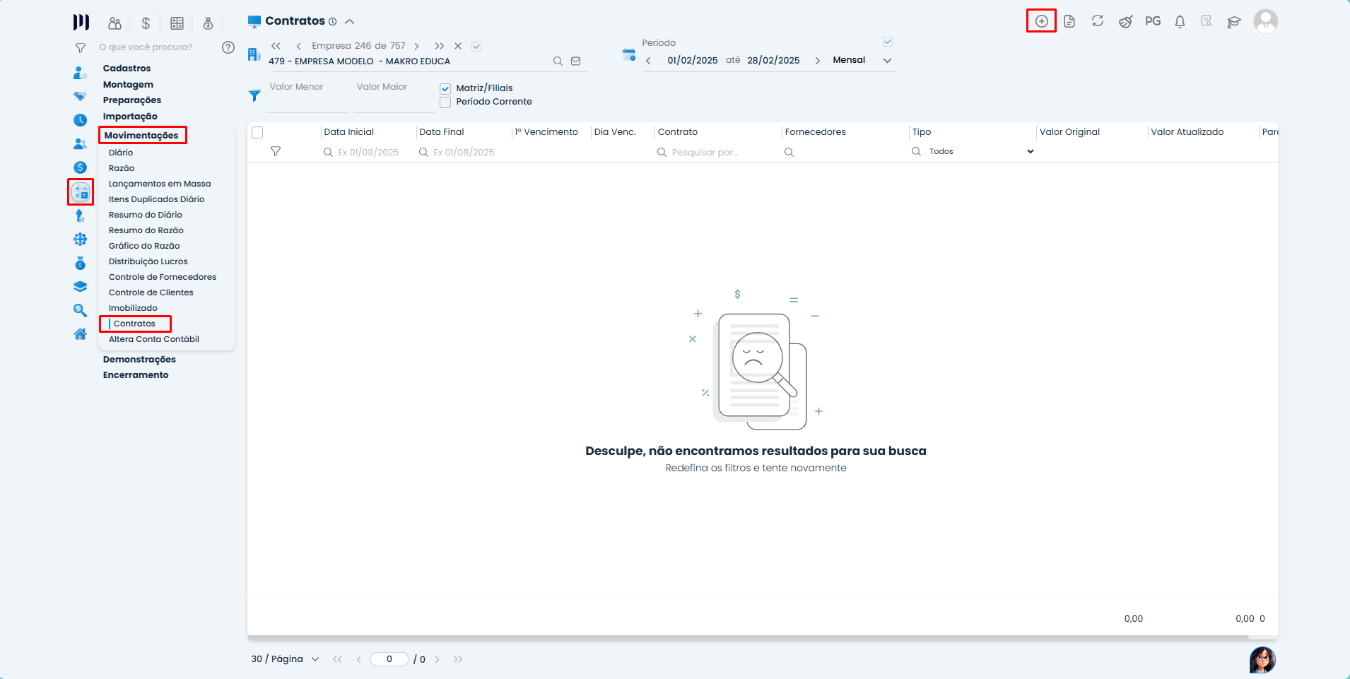 Tela de Contratos do Sistema Contábil Makro destaca o menu Movimentações e o acesso para realizar Inclusões de Empréstimos.