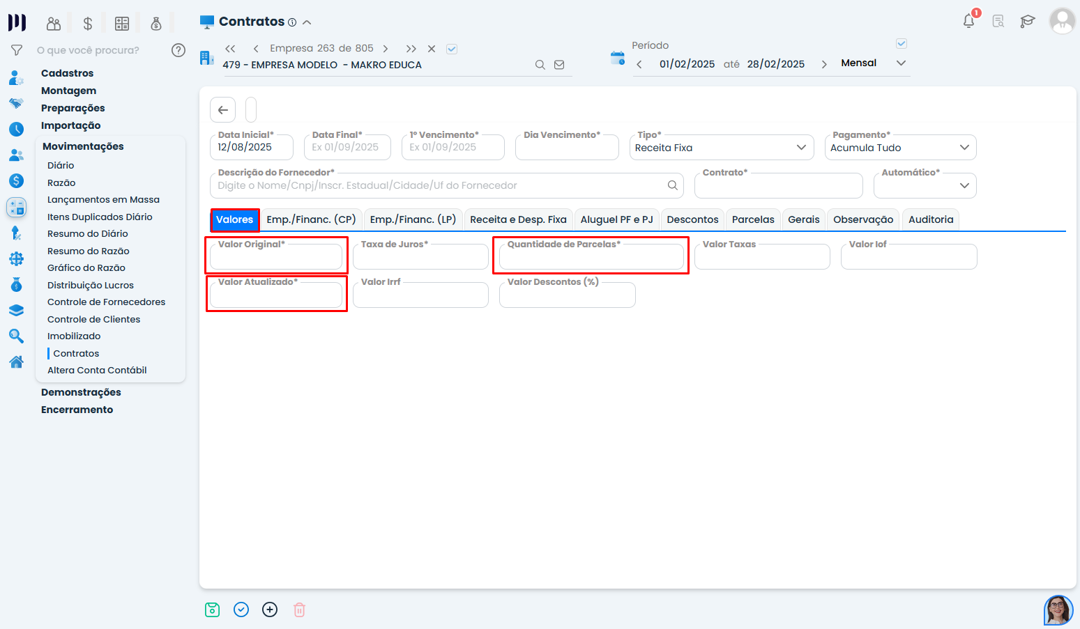 Aba Valores do Sistema Contábil Makro destaca Valor Original, Valor Atualizado e parcelas para configurar Inclusões de Empréstimos.