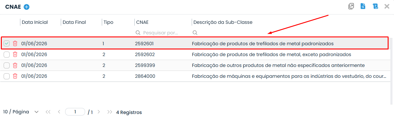 Lista de registros CNAE no Sistema Contábil Makro, com a primeira subclasse destacada em vermelho para iniciar a configuração da Guia DAS-MEI.