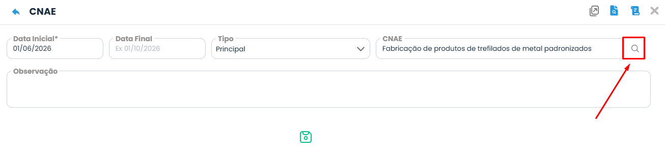 Formulário CNAE do Sistema Contábil Makro, com ícone de lupa destacado ao lado do campo de atividade para consulta e geração da Guia DAS-MEI.