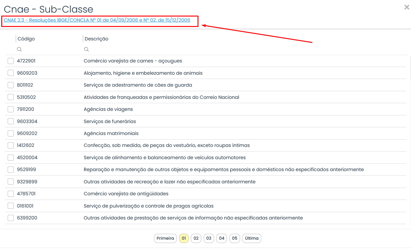 Janela de consulta de subclasses no Sistema Contábil Makro, com link da tabela CNAE 2.3 destacado para configurar a emissão da Guia DAS-MEI.