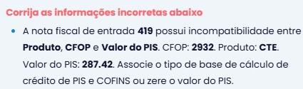 Alerta de Incompatibilidade entre Produto, CFOP e Valor do PIS, exibido na nota fiscal com valores destacados para correção no Sistema Contábil Makro.