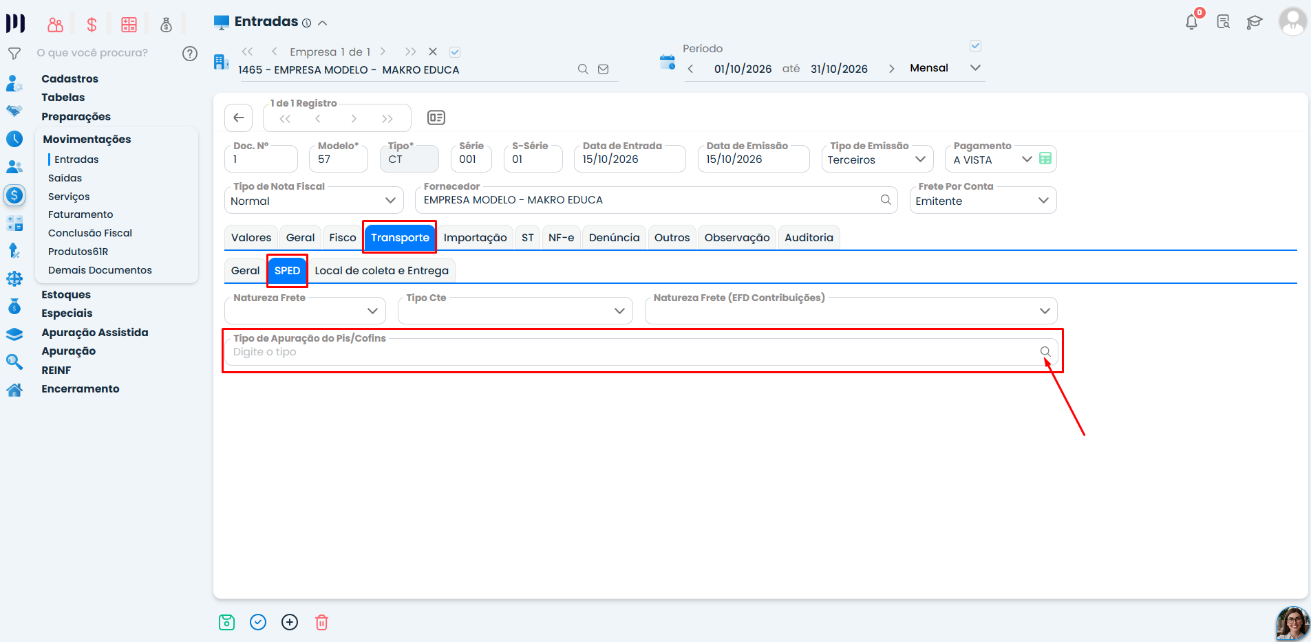 Aba SPED do Sistema Contábil Makro destaca o campo Tipo de Apuração do PIS/COFINS para Correção da Validação de Incompatibilidade entre Produto.