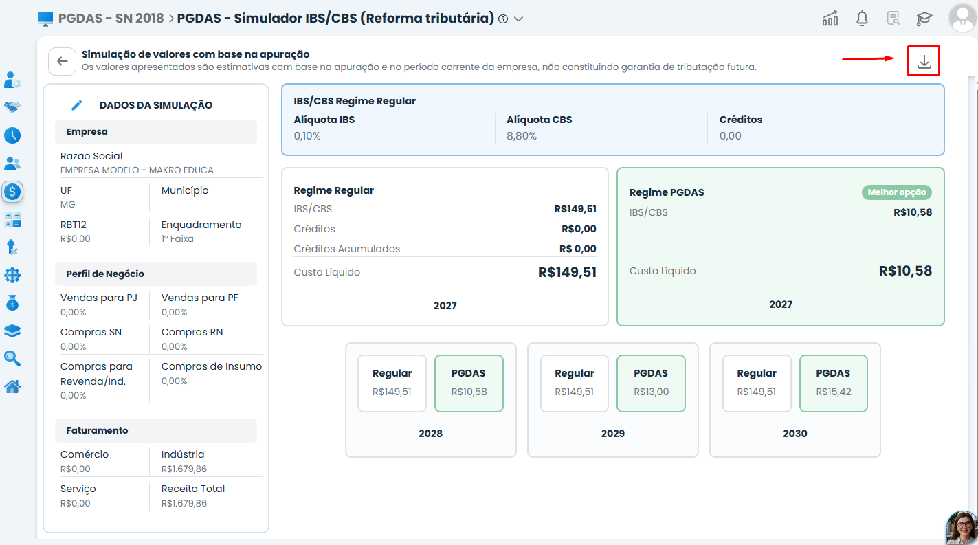 Tela do Sistema Contábil Makro com Acesso ao Simulador de IBS e CBS, exibindo os resultados da apuração e o ícone de download destacado.