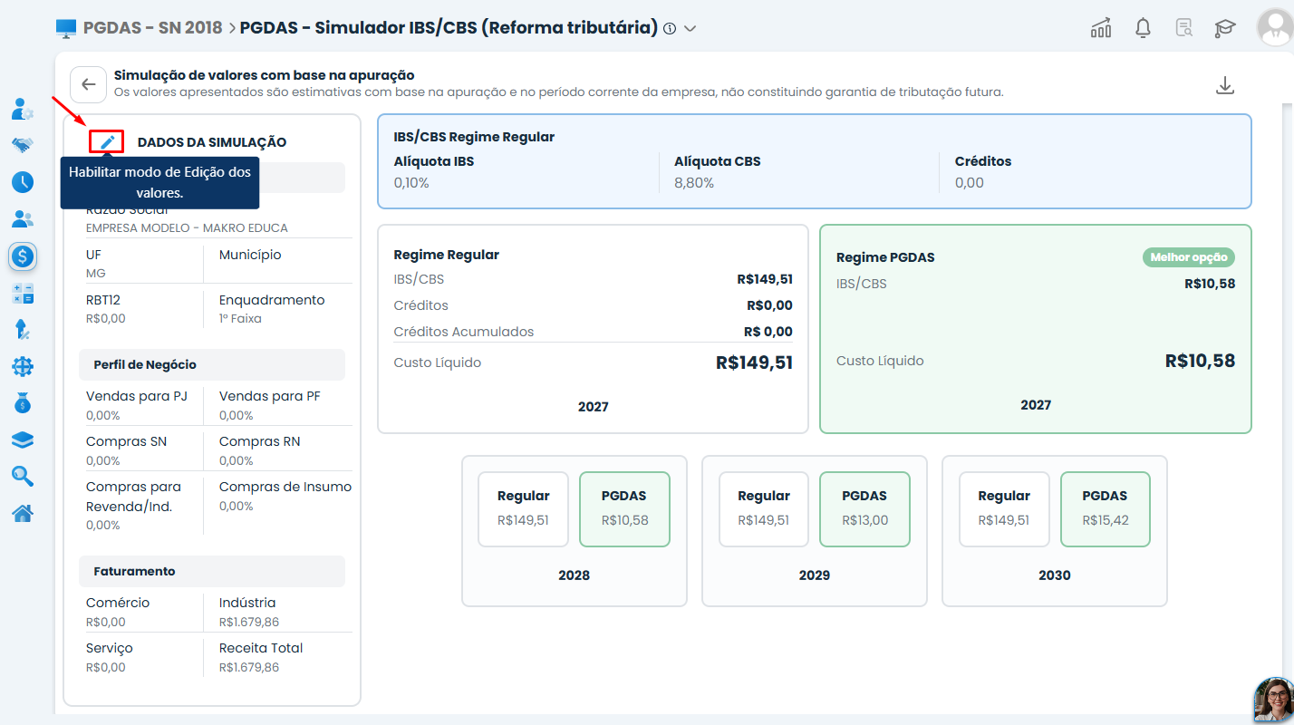 Tela do Sistema Contábil Makro exibindo o Simulador de IBS e CBS, com destaque no ícone de lápis que habilita a edição dos valores da simulação.