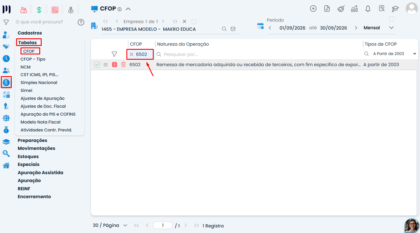 Tela do Sistema Contábil Makro com menu de tabelas aberto, opção CFOP destacada e código 6502 selecionado para configurar Exportação Indireta.