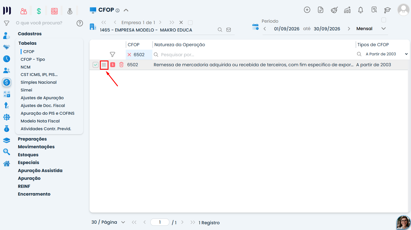 Tela do Sistema Contábil Makro com código CFOP 6502 listado e ícone de três linhas destacado para acessar a tributação de Exportação Indireta.