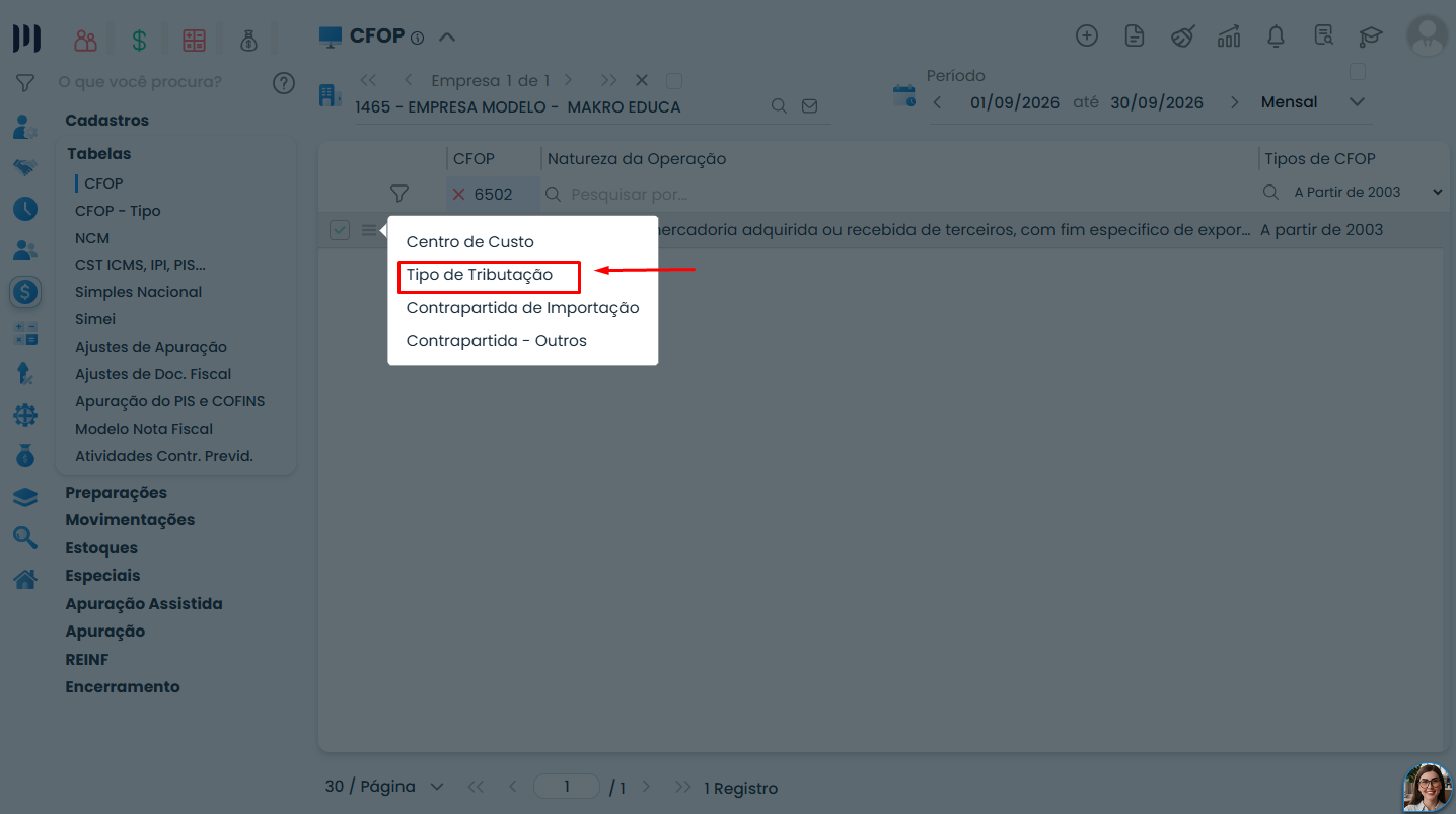 Tela do Sistema Contábil Makro com menu Centro de Custo aberto e opção Tipo de Tributação destacada para configurar a Exportação Indireta.