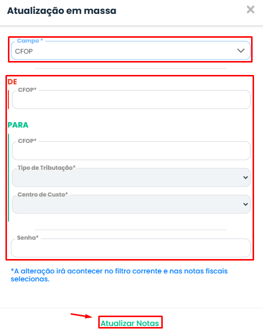 Janela de atualização em massa do Sistema Contábil Makro com campos CFOP, Tipo de Tributação, Centro de Custo e senha para Exportação Indireta.