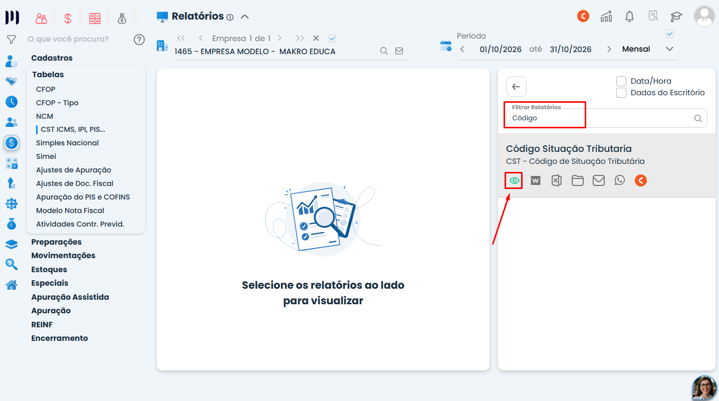 Tela do Sistema Contábil Makro com filtro de pesquisa e ícone de visualização destacados para localizar e abrir o Relatório de CST do IBS/CBS.
