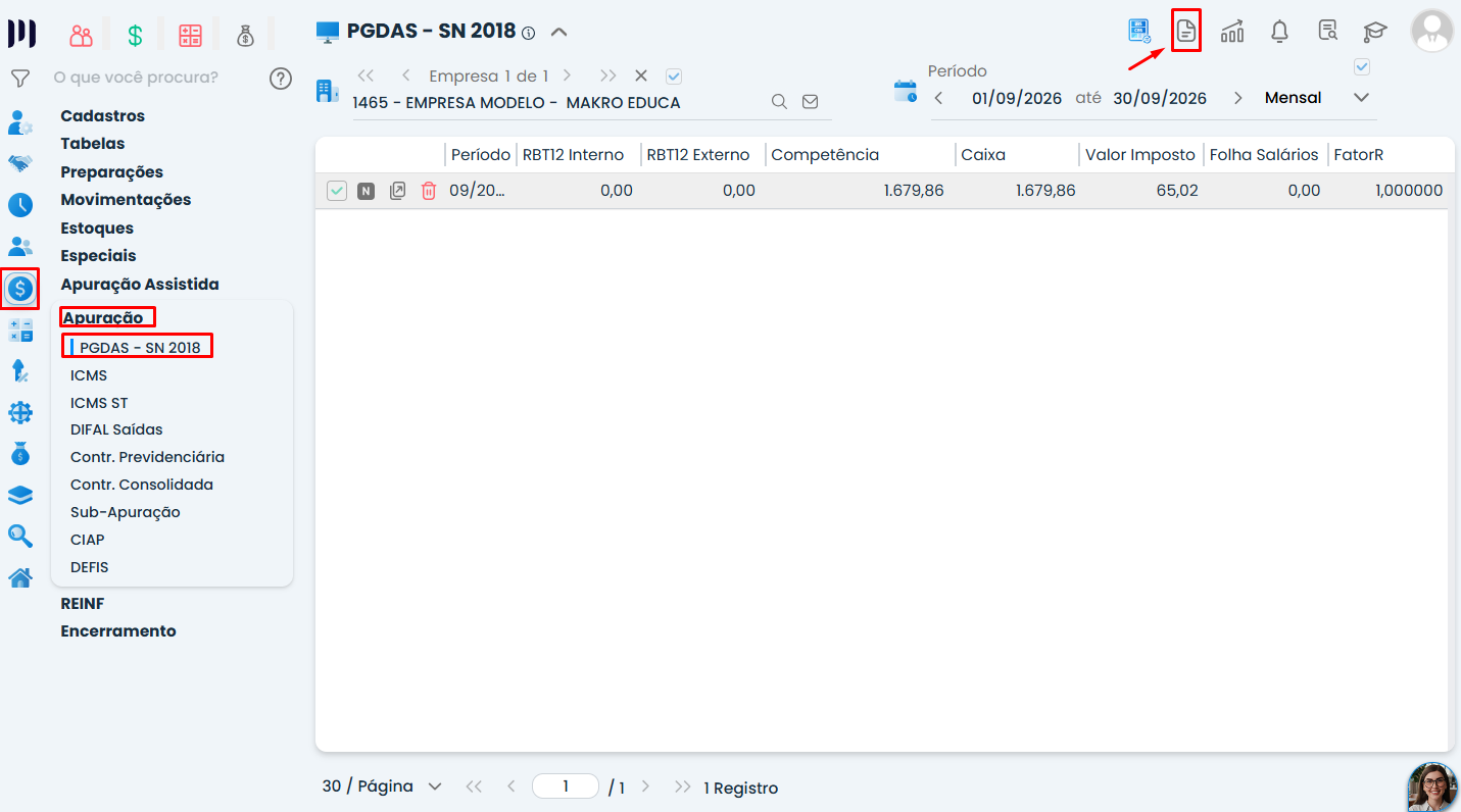 Tela do Sistema Contábil Makro com o menu PGDAS - SN 2018 e ícone de relatórios destacado para acessar o Relatório de Apuração do Simples Nacional.