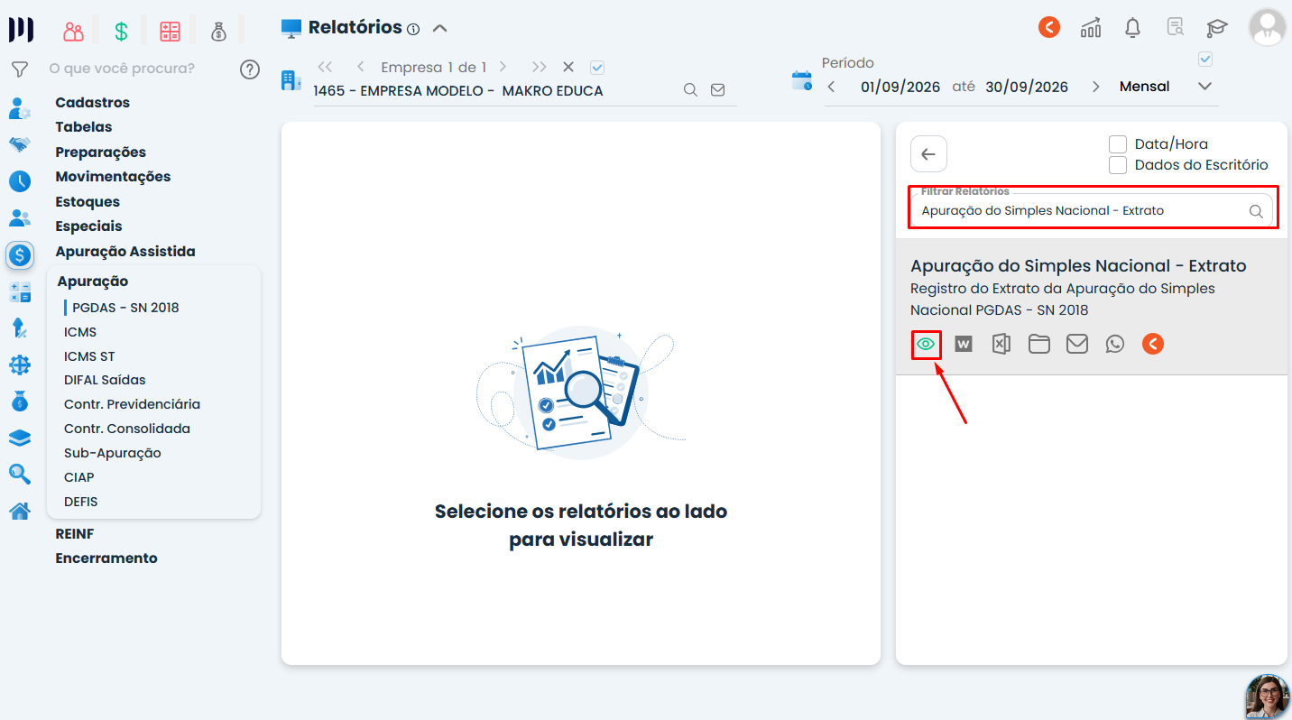 Tela do Sistema Contábil Makro com pesquisa por Apuração do Simples Nacional - Extrato e ícone de olho verde destacado para visualizar o relatório.