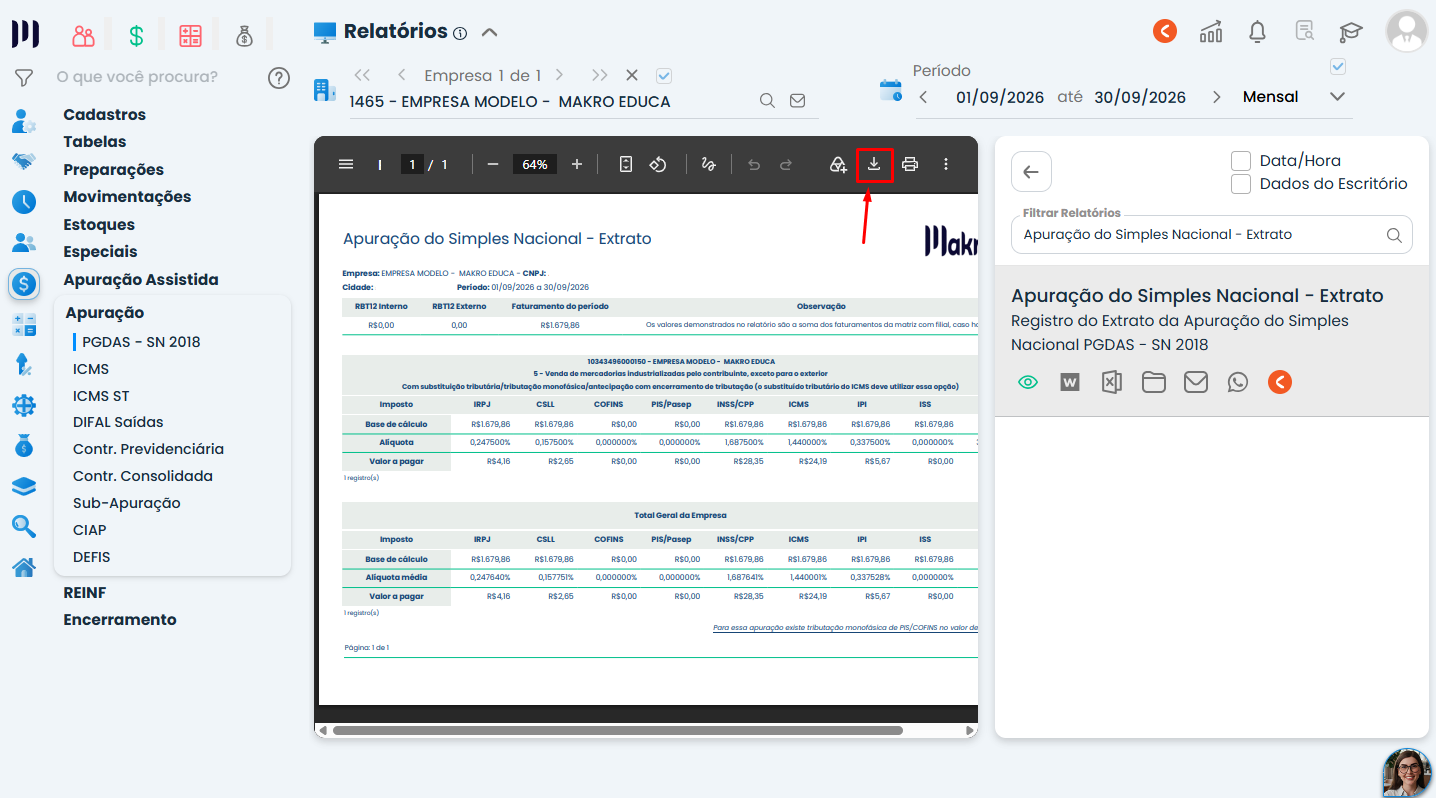 Tela do Sistema Contábil Makro exibindo Apuração do Simples Nacional - Extrato, com tabelas de impostos e botão de download destacado em vermelho.