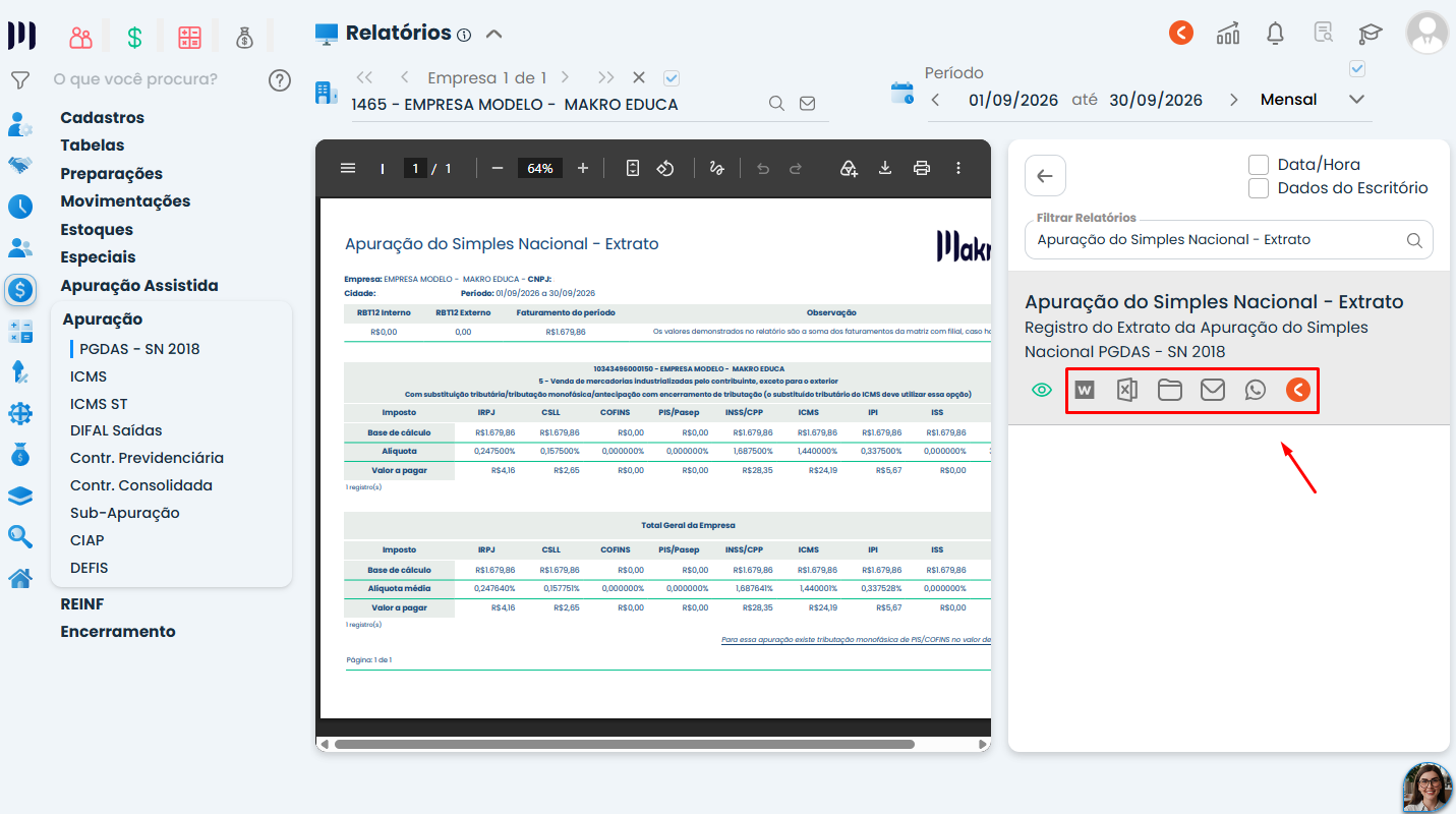 Tela do Sistema Contábil Makro com Apuração do Simples Nacional - Extrato e ícones destacados para exportar, enviar e compartilhar o relatório.