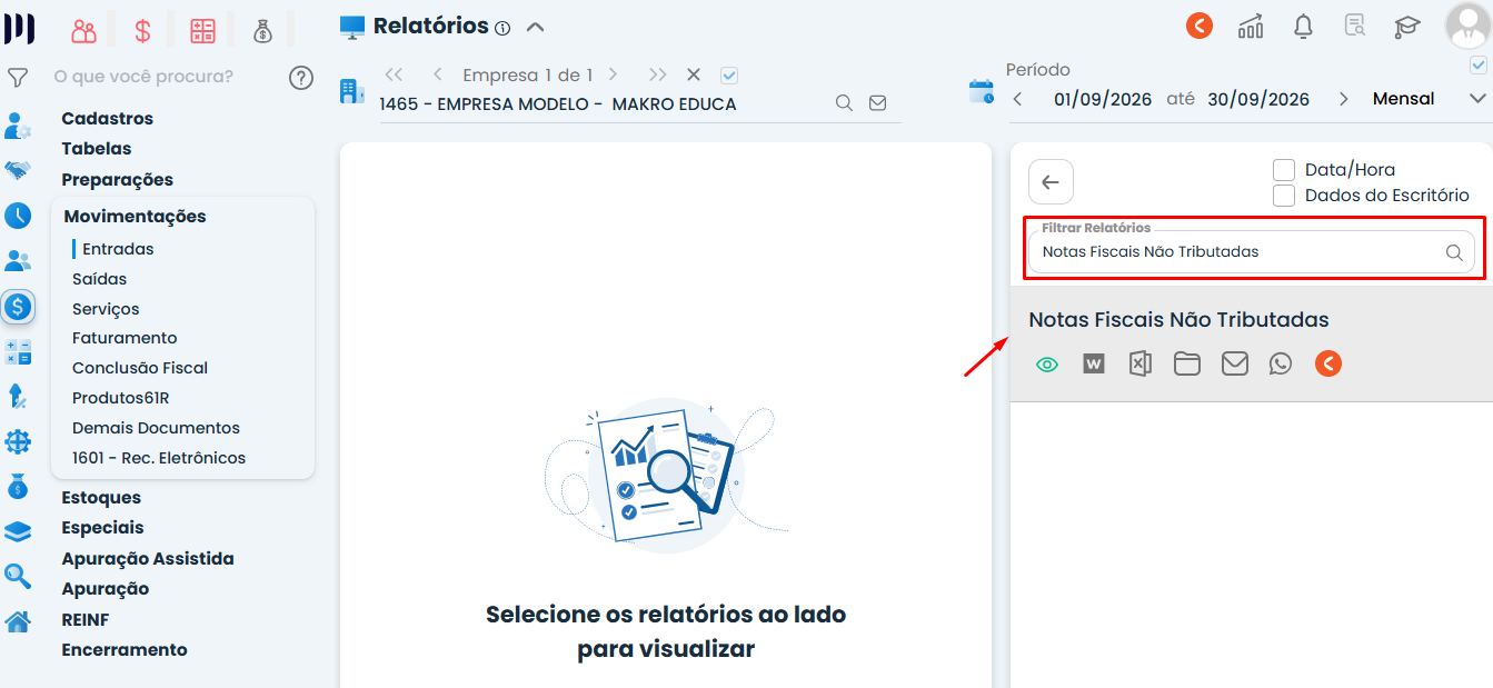 Tela do Sistema Contábil Makro com pesquisa por Notas Fiscais Não Tributadas, exibindo o relatório localizado e as opções de visualização.