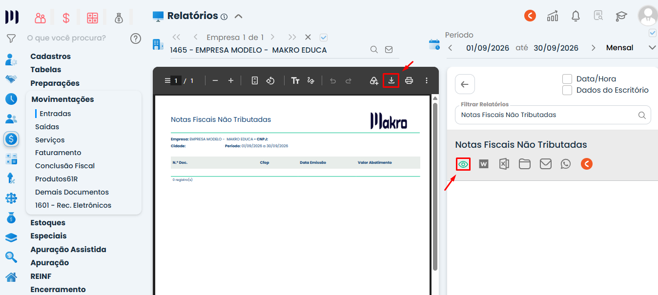 Sistema Contábil Makro exibindo o relatório Notas Fiscais Não Tributadas, com prévia dos dados fiscais e botão de download destacado em vermelho.