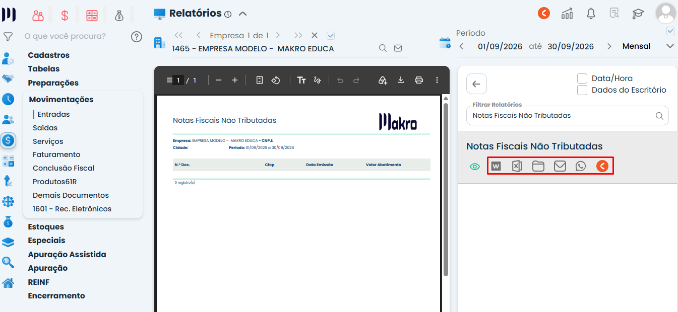 Tela do Sistema Contábil Makro com relatório Notas Fiscais Não Tributadas aberto e opções destacadas para exportar, salvar e compartilhar o arquivo.