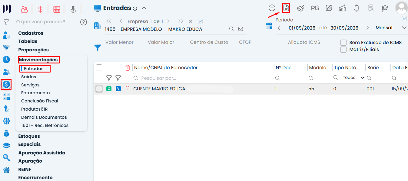 Tela do Sistema Contábil Makro com menu Fiscal, Movimentações e Entradas destacados para acessar o relatório Receitas Entradas Benefícios.