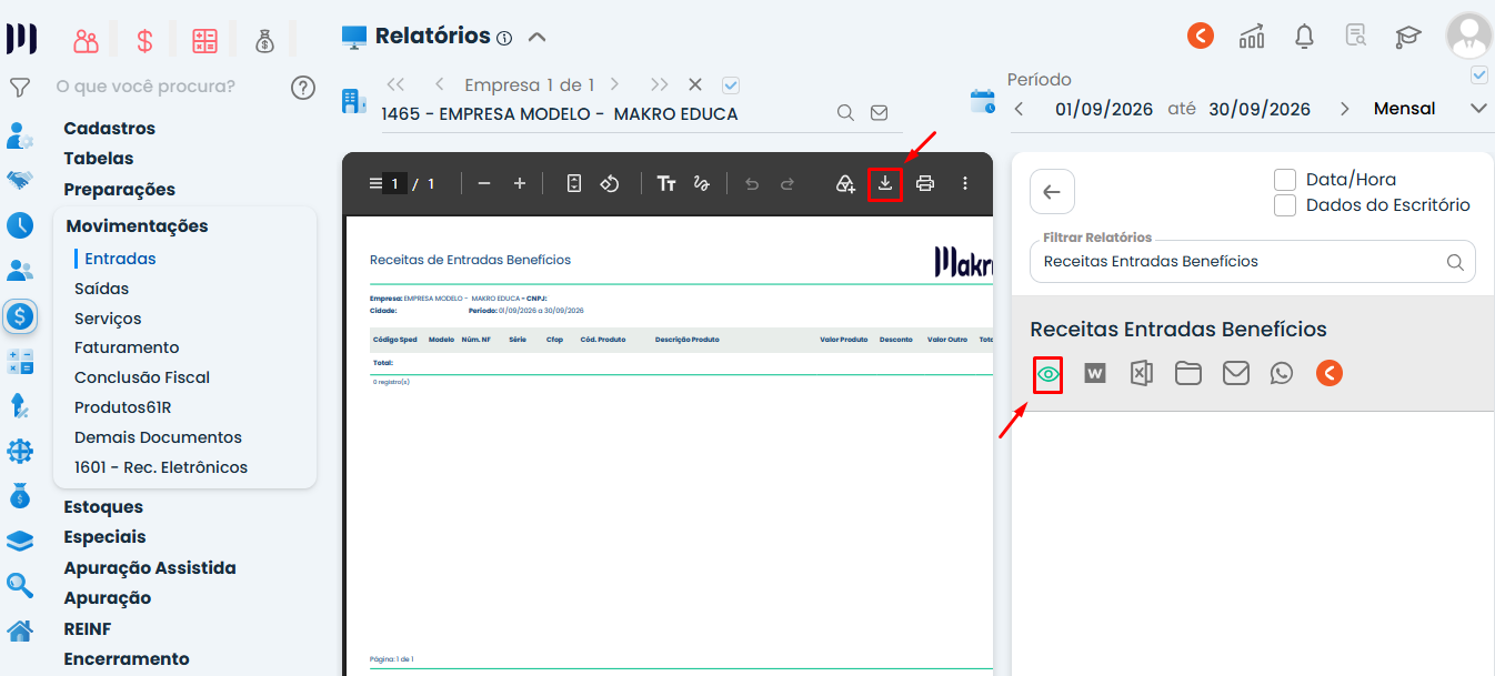 Tela do Sistema Contábil Makro com o relatório Receitas Entradas Benefícios aberto, destacando os ícones de visualização e download do arquivo.