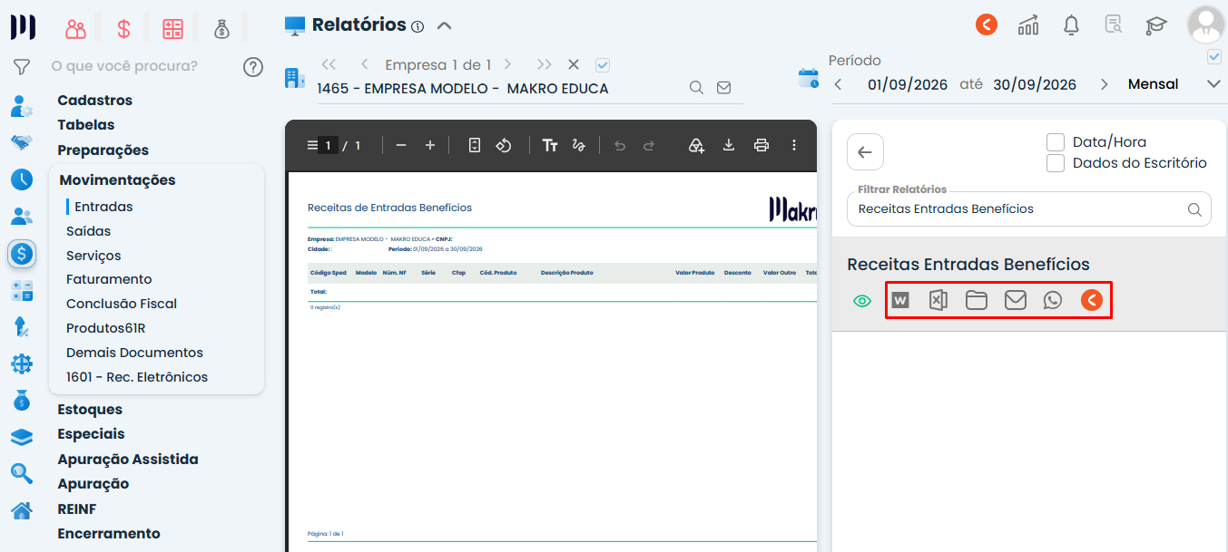 Tela do Sistema Contábil Makro com relatório Receitas Entradas Benefícios e opções destacadas para exportar, salvar e compartilhar o documento.