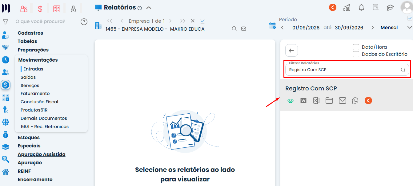 Tela do Sistema Contábil Makro com campo de pesquisa Registro Com SCP destacado e opções de visualização e exportação do relatório disponíveis.