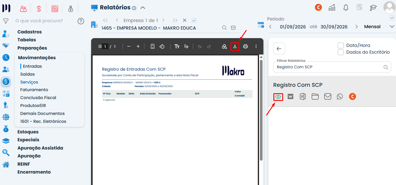 Tela do Sistema Contábil Makro exibindo o relatório Registro Com SCP, com ícones de visualização e download destacados para consulta dos dados fiscais.