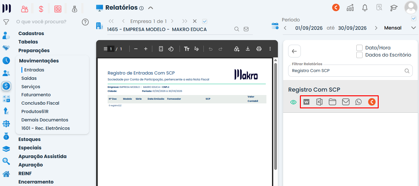 Tela do Sistema Contábil Makro com relatório Registro Com SCP aberto e opções destacadas para exportar em Word, Excel, salvar ou compartilhar.