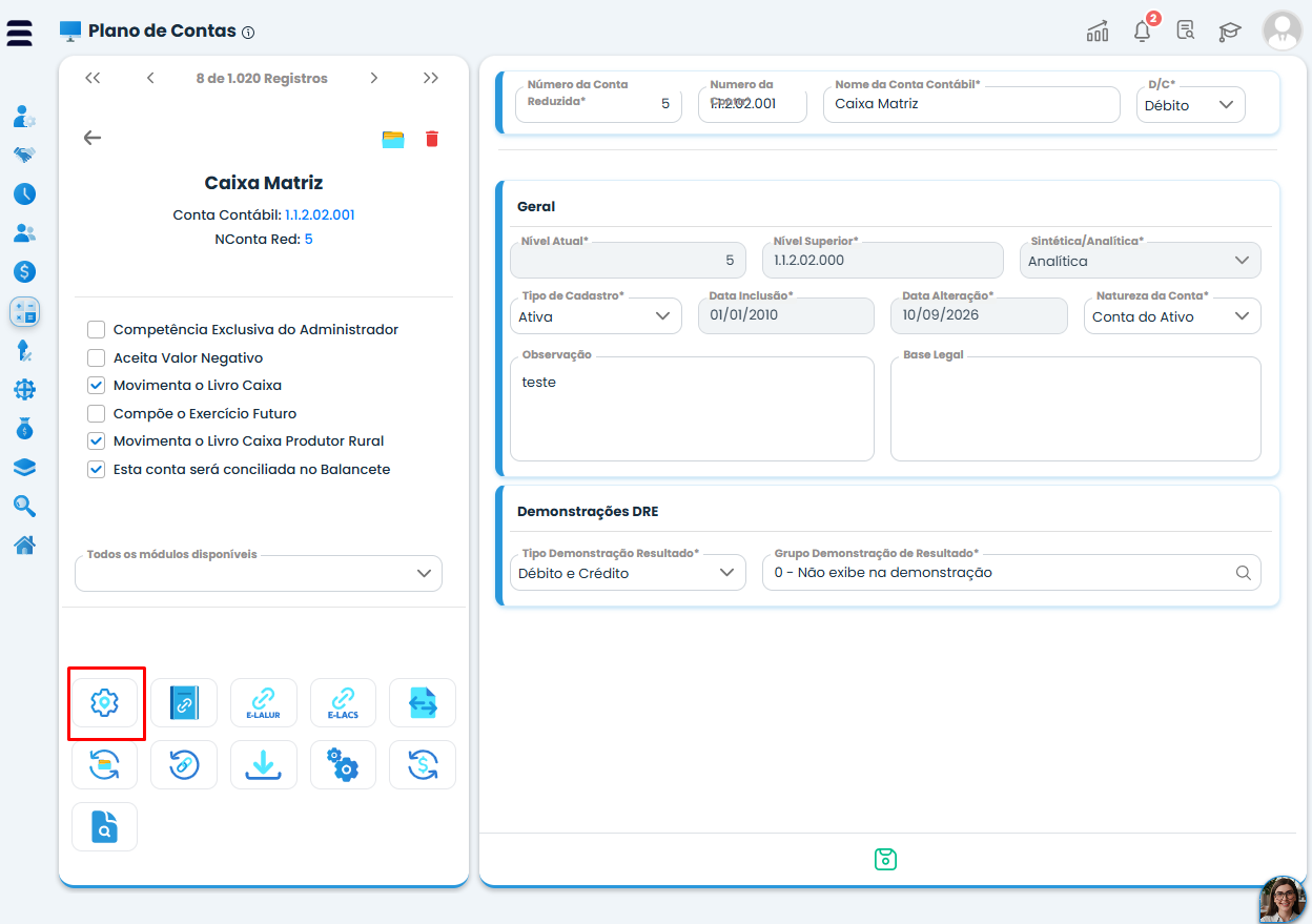 Tela do Sistema Contábil Makro com cadastro da conta Caixa Matriz e opção Link Referencial para consultar o Plano de Contas Referencial.