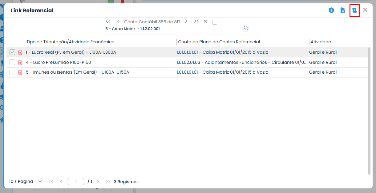 Janela Link Referencial do Sistema Contábil Makro com vínculos do Plano de Contas Referencial e botão de relatórios destacado no topo.