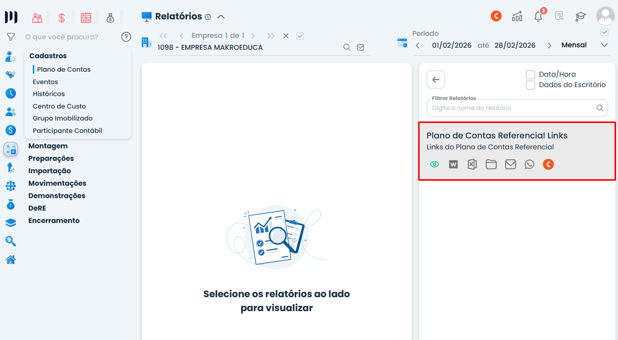 Tela de Relatórios do Sistema Contábil Makro com opção Plano de Contas Referencial Links destacada para visualizar os vínculos contábeis.