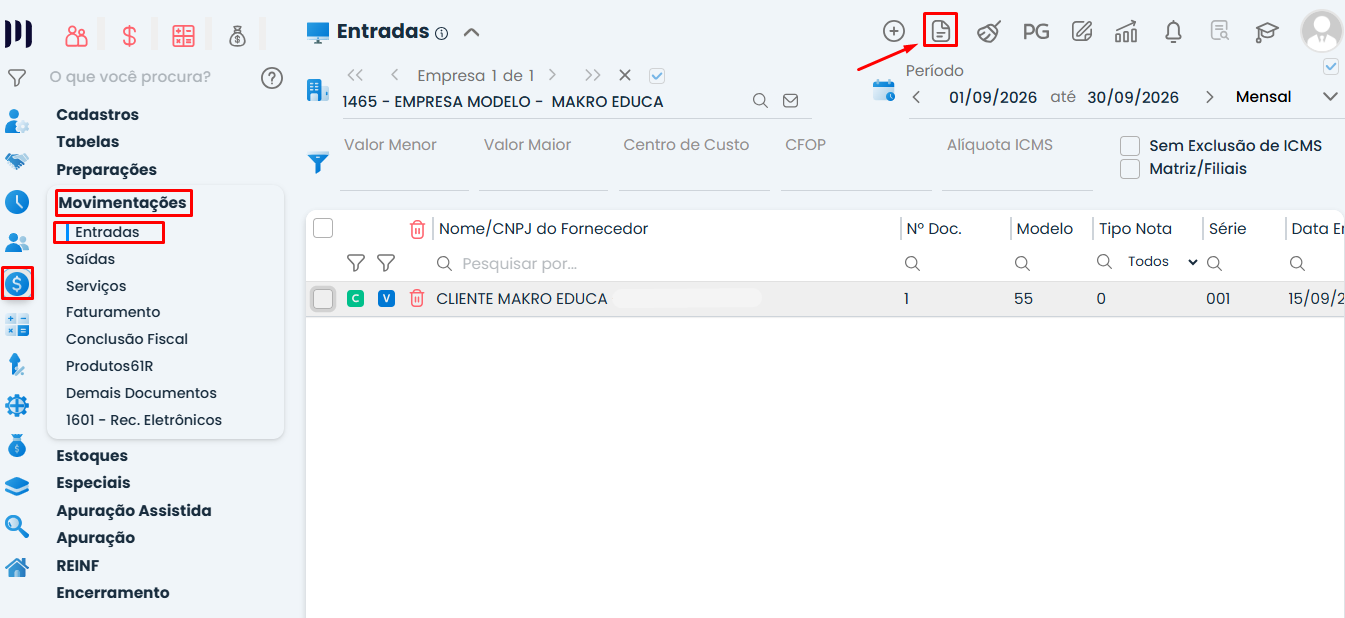 Tela do Sistema Contábil Makro com o menu Movimentações e a opção Entradas destacada em vermelho para acessar o relatório Registro de Entradas.