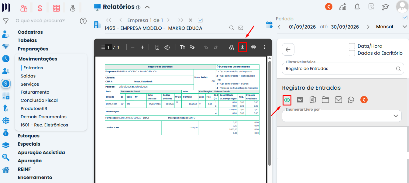 Tela do Sistema Contábil Makro com prévia do relatório Registro de Entradas, ícone de visualização e botão de download destacados em vermelho.