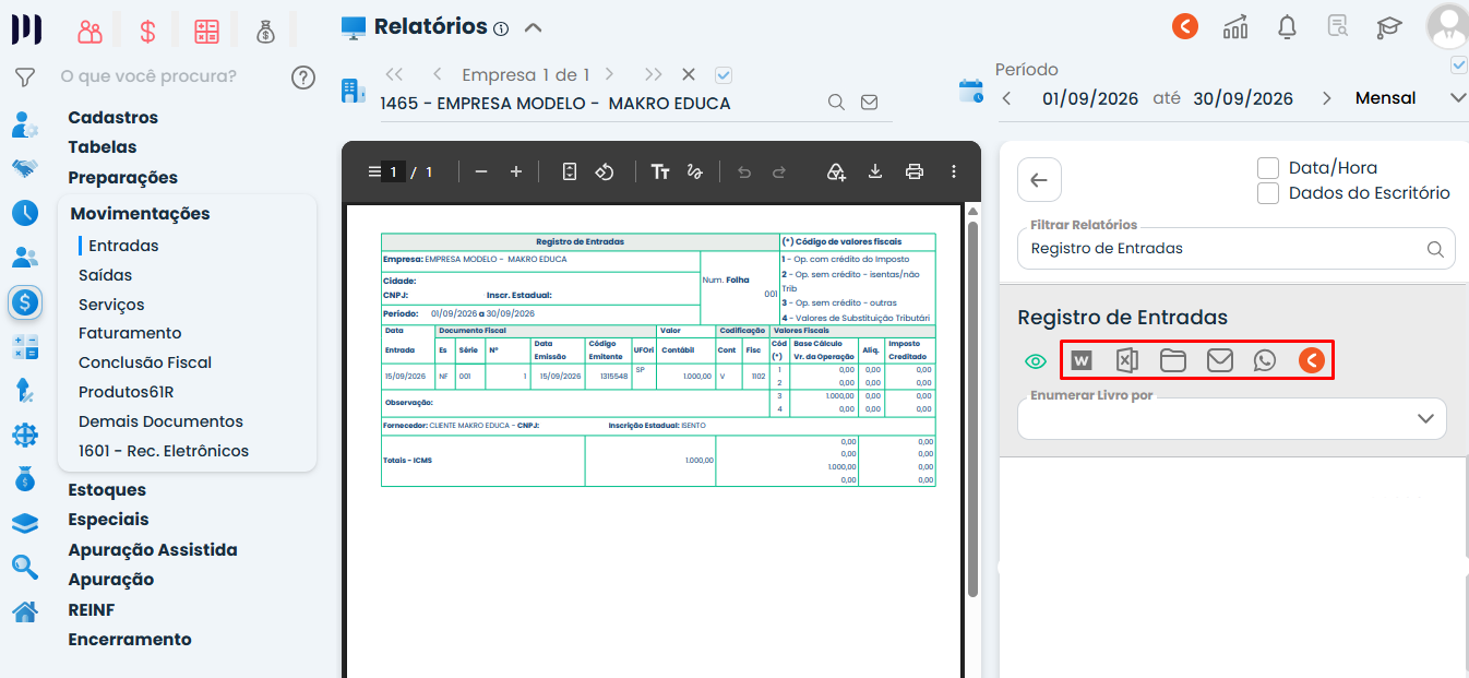 Tela do Sistema Contábil Makro com o relatório Registro de Entradas aberto e opções destacadas para exportar em Word ou Excel e compartilhar o arquivo.